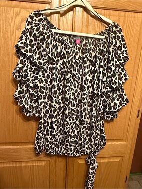 Vince Camuto Leopard Print Off-Shoulder Ruffle Tie-Hem Top - Black & Cream